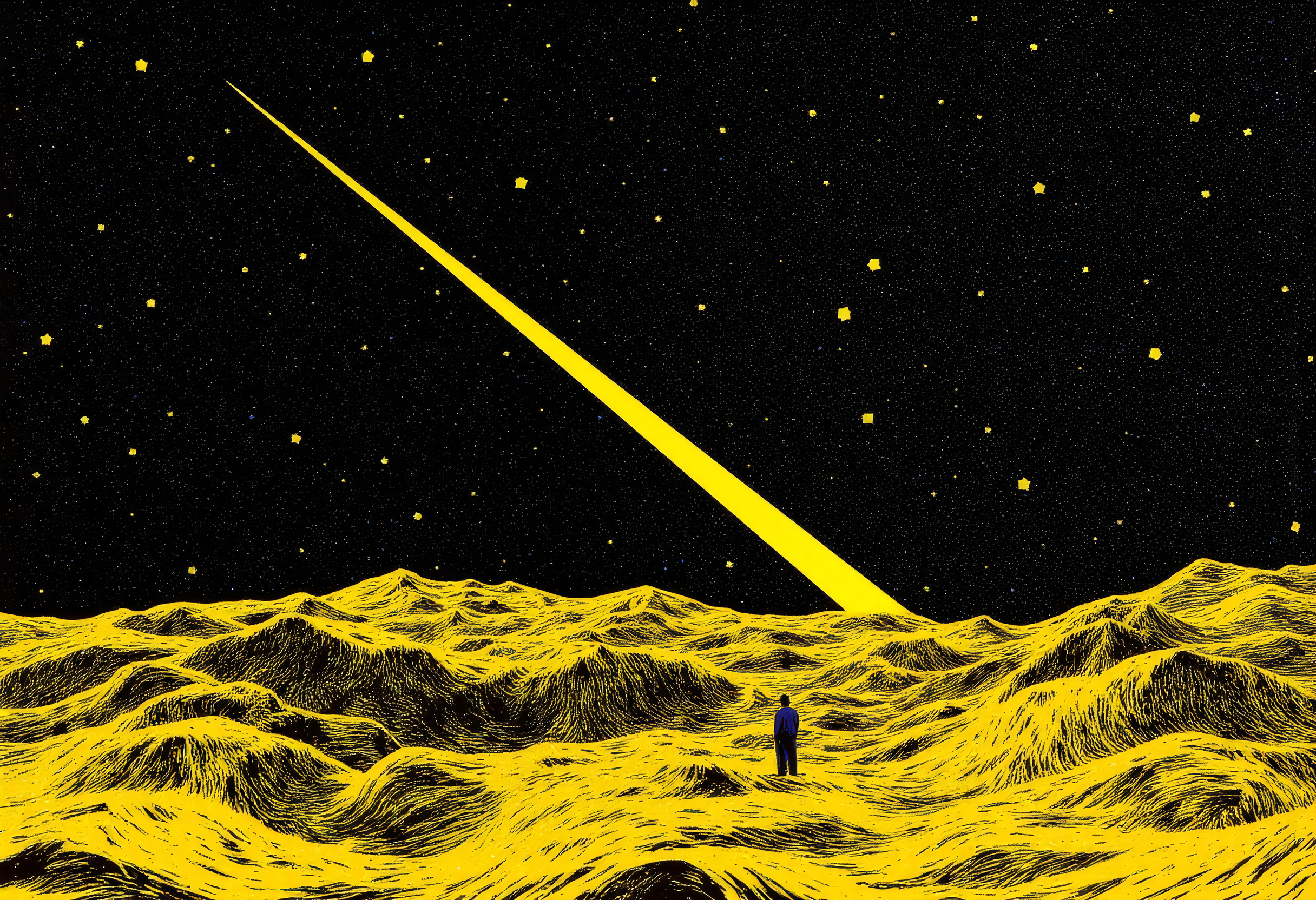 A surreal and dreamy graphic illustration depiction inspired by the lyrics 'And all that glitters is gold, only shooting stars break the mold.' The  gritty scene features a golden, glowing landscape under a vast night sky filled with dazzling shooting stars. The terrain shimmers like molten gold, reflecting the celestial brilliance above. In the foreground, a lone figure stands in awe, gazing upward as one particularly radiant shooting star streaks across the sky, breaking through the mold of the cosmic expanse. The atmosphere is magical, uplifting, and slightly ethereal, capturing the essence of wonder, destiny, and limitless possibilities. reimagined with a retro 90s CGI aesthetic