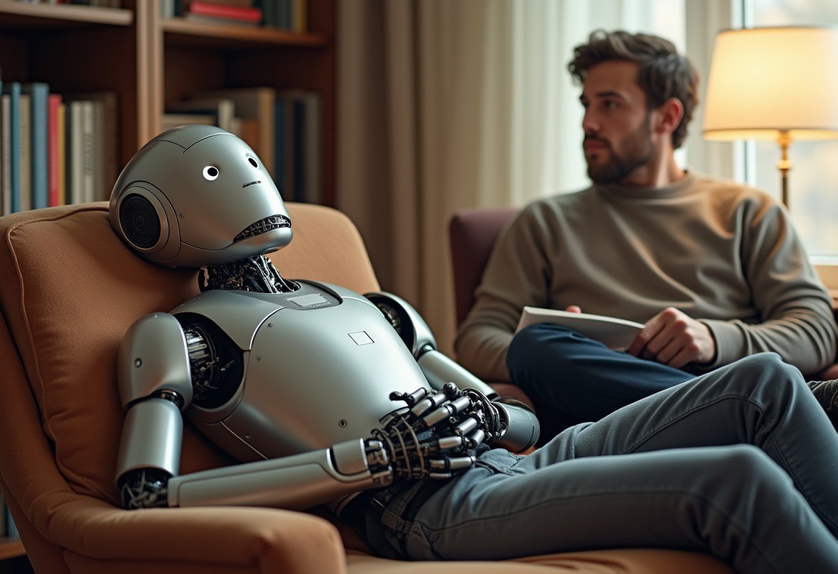 A humorous and thought-provoking depiction of a robot lying on a therapist's sofa, engaging in a deep conversation. The therapist, a human, sits in a comfortable chair, attentively listening and taking notes. The robot appears contemplative, its metallic hands folded, as if pondering existential questions or struggling with emotions. The background features a warm and inviting therapist’s office, with bookshelves, soft lighting, and a serene atmosphere. The contrast between artificial intelligence and human psychology creates a surreal yet engaging scene, blending humor with philosophical depth.
