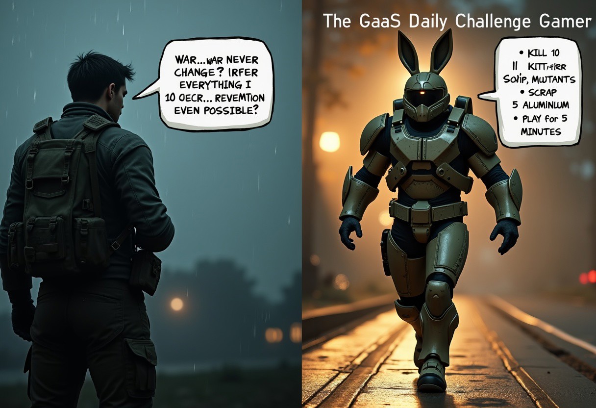 A split-screen meme featuring two drastically different gamers:  Left Side: The Emotional Narrative Gamer  A hyper-realistic moody, cinematic scene of a character staring into the distance, monologuing about the tragedy of war, morality, or personal trauma. A dialogue box with something like: "War... war never changes. But have I changed? After everything I've seen, everything I've done... is redemption even possible?"  The character looks deeply troubled, with dramatic lighting and rain falling for extra effect. Right Side: The GaaS Daily Challenge Gamer  A goofy, low-detail character bunny-hopping in power armor in Fallout 76, surrounded by a list of daily challenges: ✅ Kill 10 Super Mutants ✅ Drink 3 Purified Water ✅ Scrap 5 Aluminum ✅ Play for 5 minutes The character says something completely detached from the game's world, like: "Lemme grind this real quick before reset."