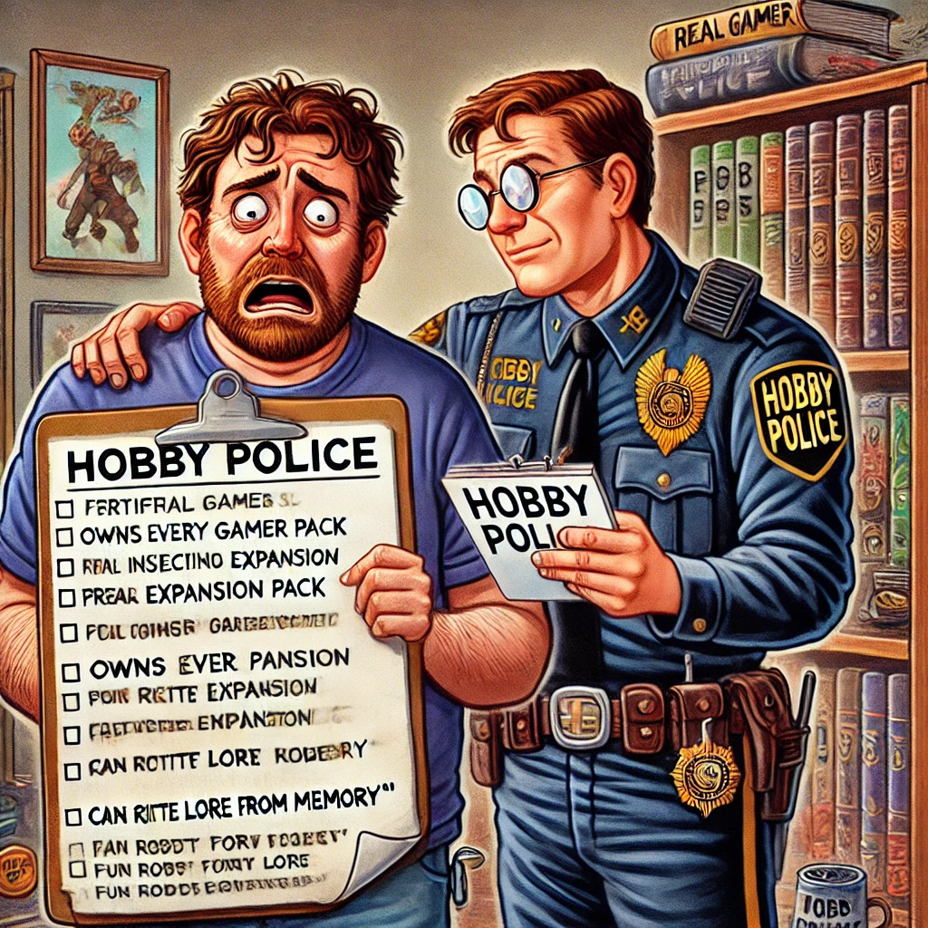 A humorous depiction of the 'Hobby Police': - A fictional police officer wearing a uniform labeled 'Hobby Police'. - The officer is sternly inspecting someone’s bookshelf, gaming setup, or hobby collection with a notepad, taking notes like a strict inspector. - The suspect looks nervous, sweating, as if they are about to fail an absurd hobby purity test. - The officer’s badge has something ridiculous written on it, like 'Certified Gatekeeper' or 'Fun Regulator'. - A comically oversized checklist titled 'Real Gamer Criteria' or 'Proper Hobby Enthusiast' with absurd requirements like 'Owns every expansion pack' or 'Can recite lore from memory'. - The whole scene is exaggerated and silly, as if the 'Hobby Police' take their job way too seriously.