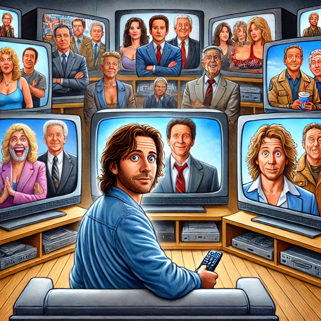 A humorous and meta depiction of the phrase 'I think I had seen this show before.' The scene features a person watching TV, with multiple screens surrounding them, each displaying nearly identical versions of different shows—cop dramas, sitcoms, reality TV—all with slightly altered characters and settings but the same predictable plotlines. A character in the show looks directly at the viewer as if acknowledging the repetitiveness. The atmosphere is lighthearted and satirical, poking fun at the formulaic nature of television, with exaggerated facial expressions and over-the-top clichés like laugh tracks and dramatic zoom-ins.
