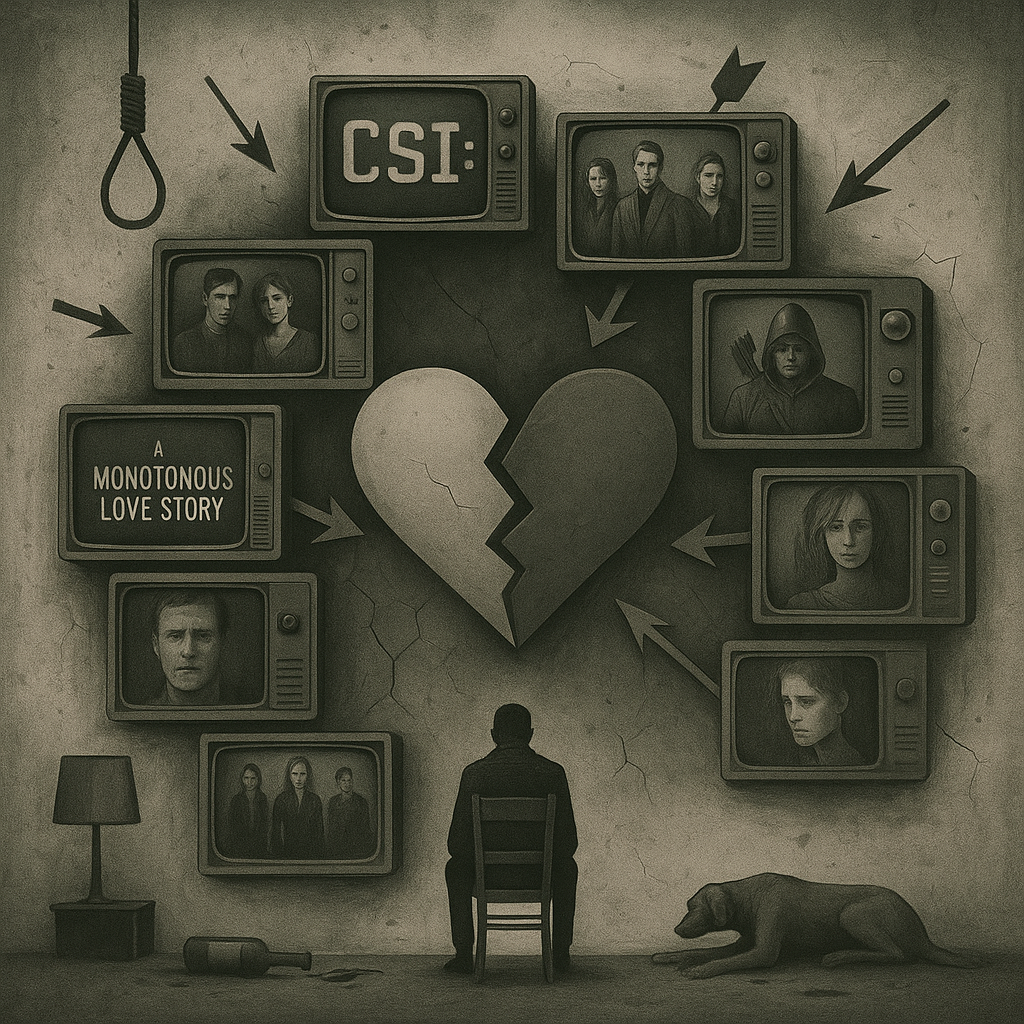 an image that encapsulates the article titled 'Sevgisiz Bir Dünya'. The image should convey the theme of a world without love, highlighting the critique of unnecessary love stories in TV shows and movies. Include elements such as TV screens showing scenes from CSI, Stargate SG-1, Arrow, and other mentioned series. Use muted colors to represent the lack of love and romance. Incorporate symbols of broken hearts and disconnected relationships. The mood should be critical and reflective, with a touch of sarcasm. 