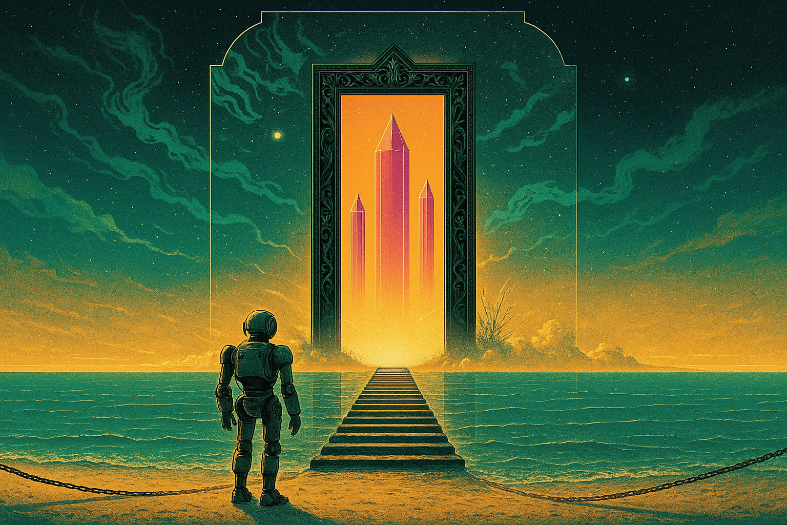 gritty graphic illustration, A Clean bay , A robot standing in the beach ,sunset Blue and faint gold neon-mist, Gravity manipulation, A green color door made of marble , stairs from ocean to the door, detailed embroided frame , floating in middle of sky ,huge ocean with stars beneath the door, green and blue and orange, door opening to show a huge pink crystal spires towering in sky with large , desolate